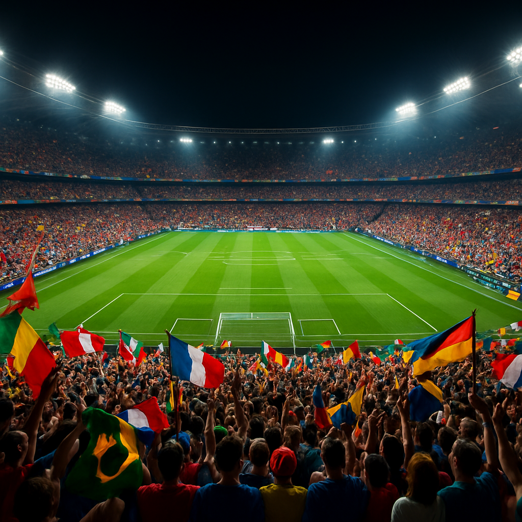 Packed World Cup 2026 stadium at night with fans and national flags
