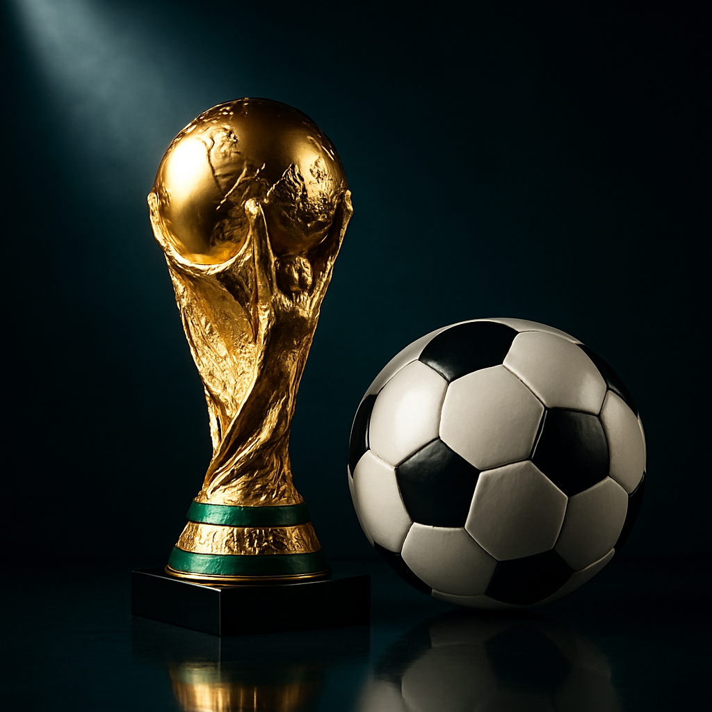 Golden World Cup championship trophy beside a soccer ball